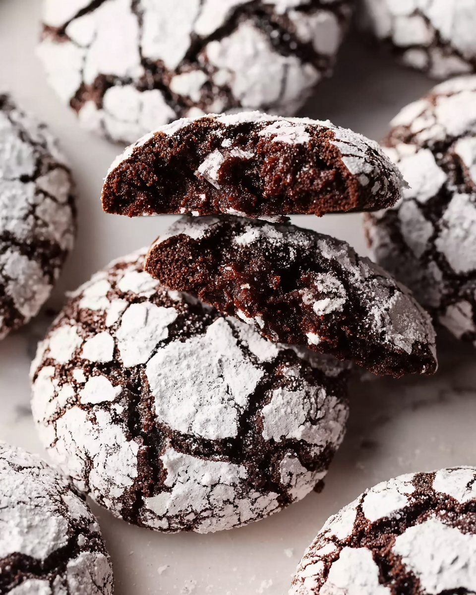 The image shows close-up dark chocolate cookies with white powdered sugar cracked on top, creating a cracked pattern. One cookie is broken in half and held above the others, showing a soft, dense inside with small bits of chocolate. The cookies are on a white marbled surface. The texture of the cookies looks soft and slightly rough, with a strong contrast between the dark chocolate and the white powdered sugar. photo taken with an iphone --ar 4:5 --v 7