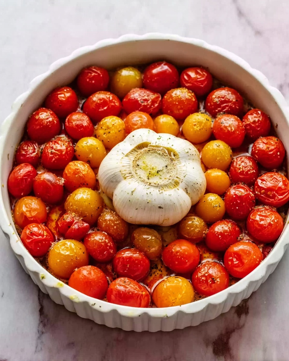 A white round ceramic baking dish is filled with a mix of bright red and yellow cherry tomatoes, arranged around a whole bulb of garlic with the top sliced off to show the cloves inside. The tomatoes have a sprinkling of seasoning and appear fresh and shiny. The baking dish sits on a white marbled surface. Photo taken with an iphone --ar 4:5 --v 7