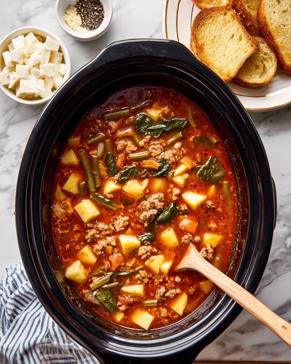 A black slow cooker filled with a thick, red-orange soup showing three main layers: a clear broth base, chunks of yellow potatoes and green beans scattered evenly, and small pieces of ground meat mixed with dark green spinach leaves floating on top; a wooden spoon rests inside the slow cooker on the right side. To the top right, there is a white plate holding two toasted slices of bread with a golden-brown crust, positioned on a white marbled surface. At the top left, two small white bowls sit side by side, one filled with white cheese chunks and the other with coarse black pepper. A white and blue striped cloth is placed at the bottom right corner of the image. Photo taken with an iphone --ar 4:5 --v 7
