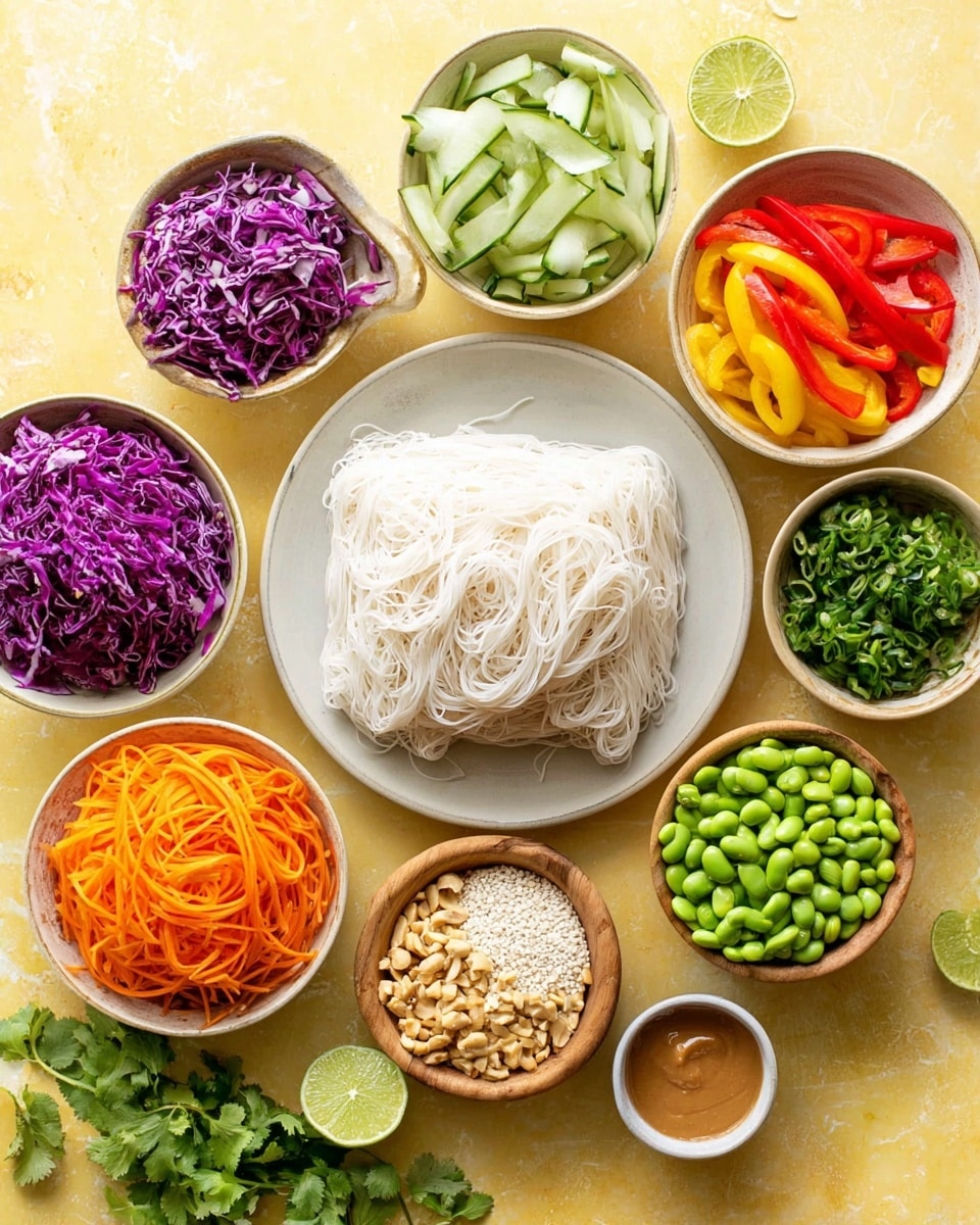A top-down view shows a collection of white bowls and small wooden containers arranged in a circle on a yellow surface, which should be imagined as a white marbled texture. In the center, a white plate holds a block of thin, white rice noodles with a delicate texture. Surrounding it are bowls filled with vibrant ingredients: purple shredded cabbage on the top left; light green cucumber slices on the top right; crushed nuts in a bowl close to those; dark green chopped herbs to the right of the nuts; bright red, orange, and yellow bell pepper strips filling a bowl to the lower right; bright orange carrot ribbons in a bowl below the noodles; bright green shelled edamame in a bowl to the right of shredded pale chicken meat; fresh snap peas in a bowl on the lower left; a small wooden bowl of white sesame seeds near the bottom; green sliced jalapeños in another wooden bowl; a small bowl of brown peanut sauce; fresh lime cut in half; and scattered sprigs of fresh cilantro at the bottom. All bowls are placed closely but neatly, displaying a clean and colorful preparation. photo taken with an iphone --ar 4:5 --v 7