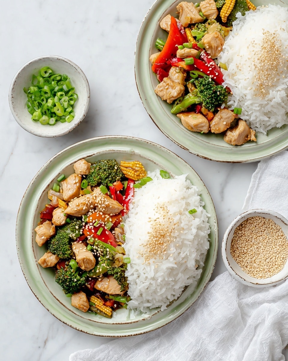 Two white plates with light green edges hold a dish with two main parts: on the right side, a neat mound of fluffy white rice sprinkled with light brown sesame seeds. On the left side, a colorful mix of cooked vegetables and chicken pieces including light brown chicken chunks, green broccoli florets, bright red bell pepper strips, baby corn in pale yellow, and snap peas. These are topped with more sesame seeds and small green onion slices. The plates rest on a white marbled surface, with a white cloth napkin partly visible near the bottom left. Next to the plates are two small white bowls, one filled with green chopped onions and the other with beige sesame seeds. Photo taken with an iphone --ar 4:5 --v 7