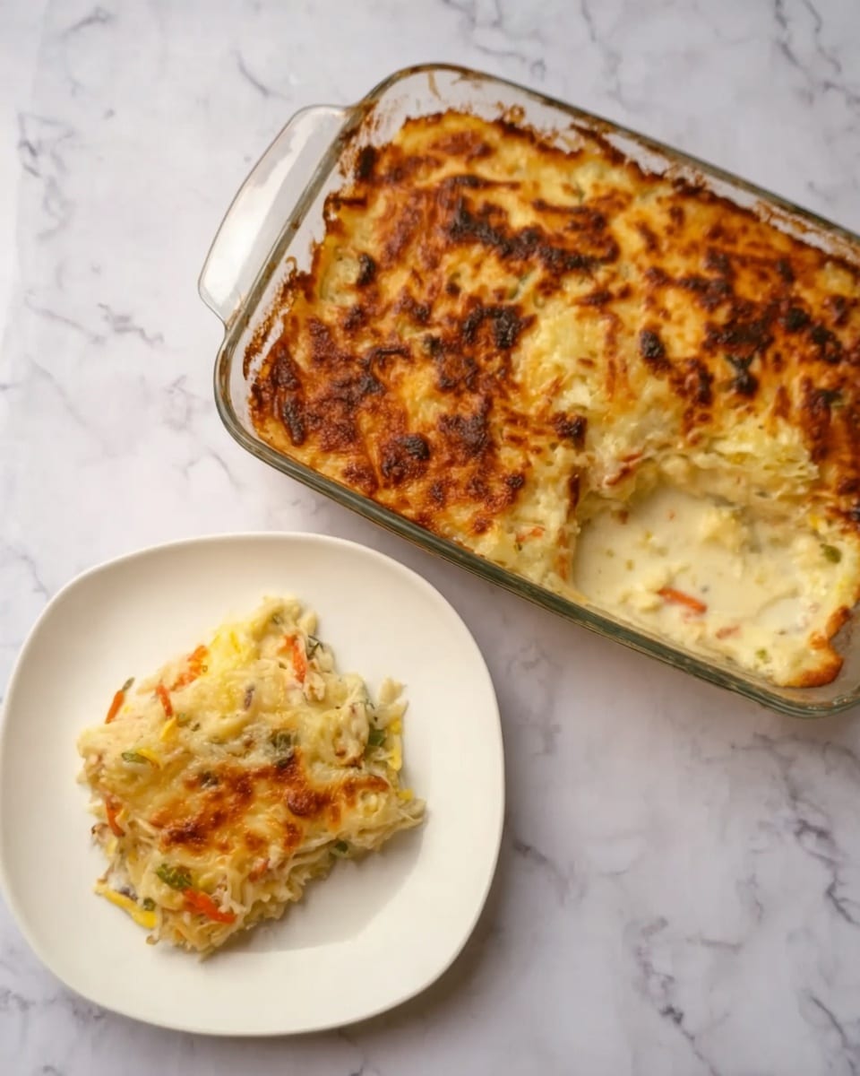 A clear glass baking dish filled with a golden brown baked casserole topped with melted cheese and slightly crispy spots, showing a creamy layer beneath with bits of vegetables. Next to the dish is a white plate holding a square piece of the casserole, with visible layers of creamy sauce, shredded white and yellow cheese, and small pieces of vegetable like green and orange strips. The background is a white marbled surface. Photo taken with an iphone --ar 4:5 --v 7