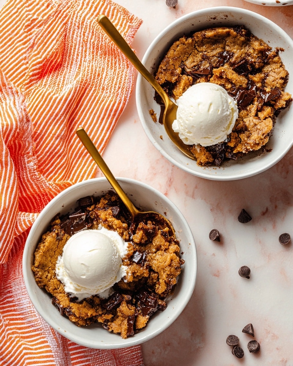 This image shows two white bowls filled with a warm brown cookie-like dessert that has melted dark chocolate chunks scattered throughout, giving a shiny texture. Each bowl has a round scoop of creamy white vanilla ice cream on one side, contrasting with the warm dessert. A golden spoon sits inside each bowl, resting slightly on the dessert. The bowls are placed on a white marbled surface with an orange and white striped cloth nearby, scattered with a few dark chocolate chips. The photo taken with an iphone --ar 4:5 --v 7