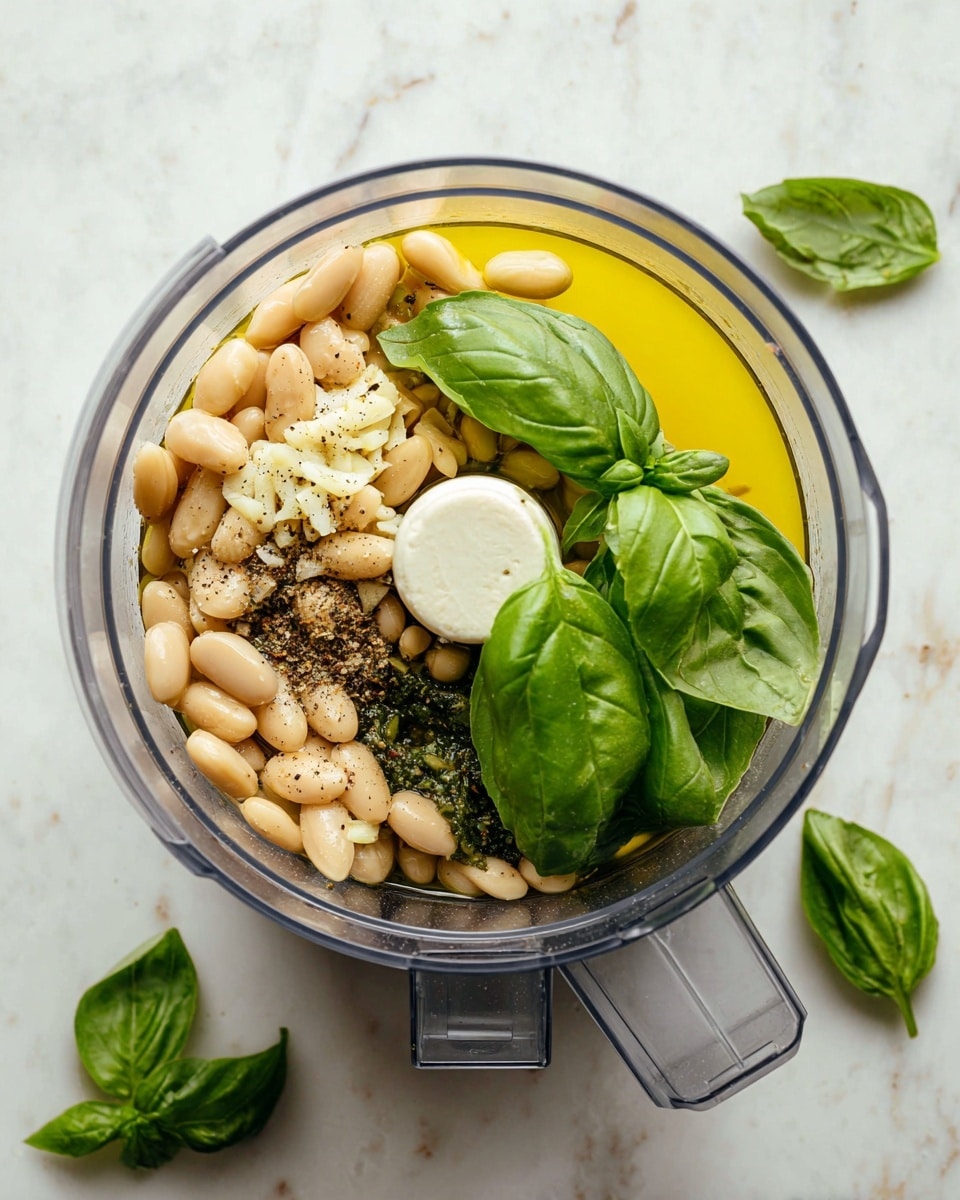 The image shows a clear food processor bowl containing several layers of ingredients. The bottom layer has small white beans mixing with light olive oil, giving a yellow tint to the right side. On top of the beans and oil, there are chopped white garlic pieces scattered around. There are three large bright green basil leaves placed over the beans and garlic, with some ground black pepper and salt sprinkled on top. The bowl is placed on a white marbled surface, and some loose green basil leaves are seen around the bowl. Photo taken with an iphone --ar 4:5 --v 7