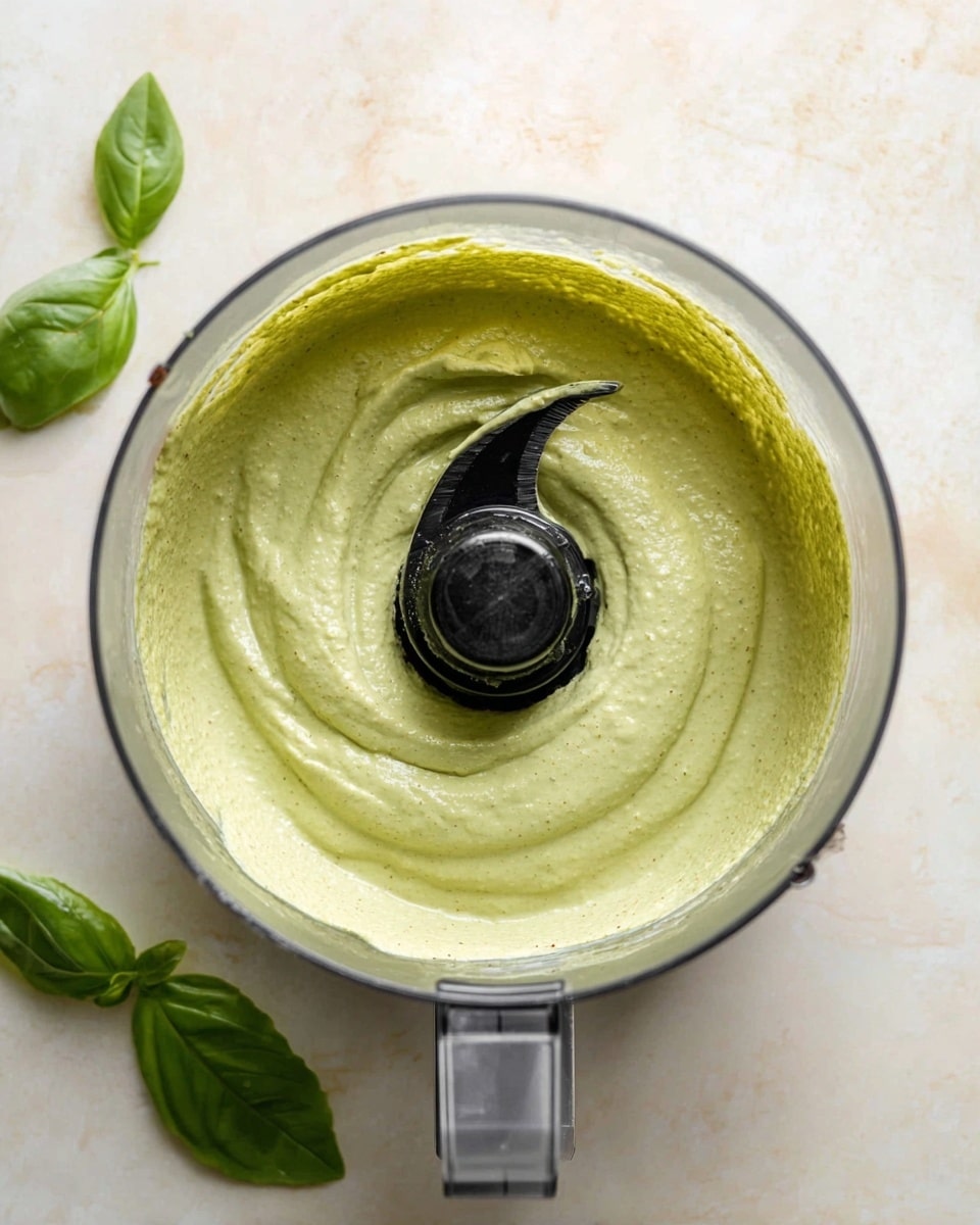 A clear glass bowl filled with a smooth, creamy green sauce that has a thick texture, swirled around a black food processor blade in the center, placed on a white marbled surface with two fresh green basil leaves resting nearby. photo taken with an iphone --ar 4:5 --v 7