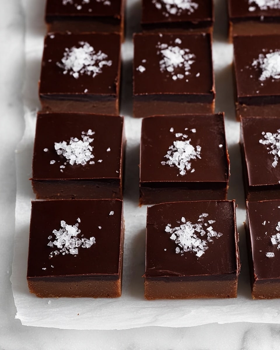 The image shows sixteen square chocolate bars arranged in a 4x4 grid on white parchment paper placed on a white marbled surface. Each bar has two layers: a bottom light brown base layer with a smooth texture, and a thick, glossy dark brown chocolate top layer. The top of each chocolate piece is decorated with a small pile of white flaky salt centered on it, giving a contrast in texture and color. The edges of the squares are clean and straight, showing neat cutting. photo taken with an iphone --ar 4:5 --v 7