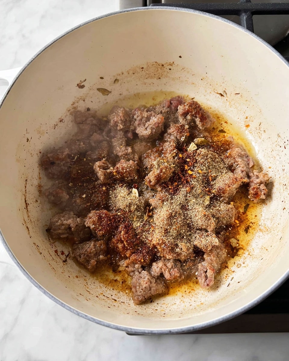 Inside a white pot, there are chunks of browned ground beef cooking with visible juices pooling at the bottom. The beef is scattered unevenly with some pieces showing a slight pink tint, and there are various spices sprinkled on top, ranging in color from light beige to dark brown. The pot's interior surface is smooth and light-colored, reflecting the meat and spices, with steam rising slightly, indicating heat. The whole scene is set against a white marbled stove surface. Photo taken with an iphone --ar 4:5 --v 7