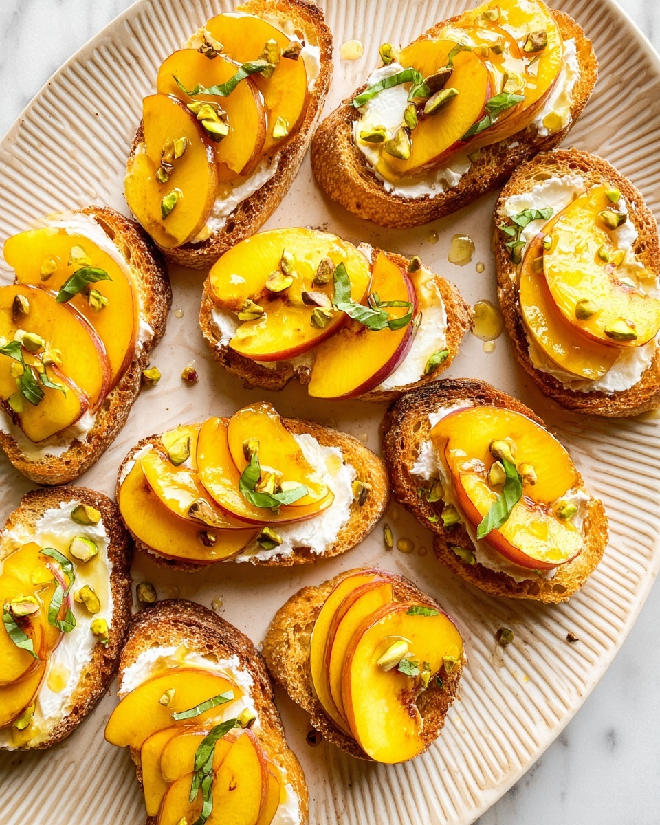 The image shows multiple pieces of small toasted bread arranged closely on a large white plate with a lined pattern. Each toast has three layers: the bottom golden brown toast layer has a rough crispy texture, the middle layer is smooth and white creamy cheese spread, and the top layer consists of thin, bright orange-yellow peach slices with red edges. On top of the peach slices are scattered small green pistachio pieces and thin strips of fresh green basil leaves. Some drops of honey or syrup lightly shine on top and around the toasts. The background is a white marbled surface. Photo taken with an iphone --ar 4:5 --v 7