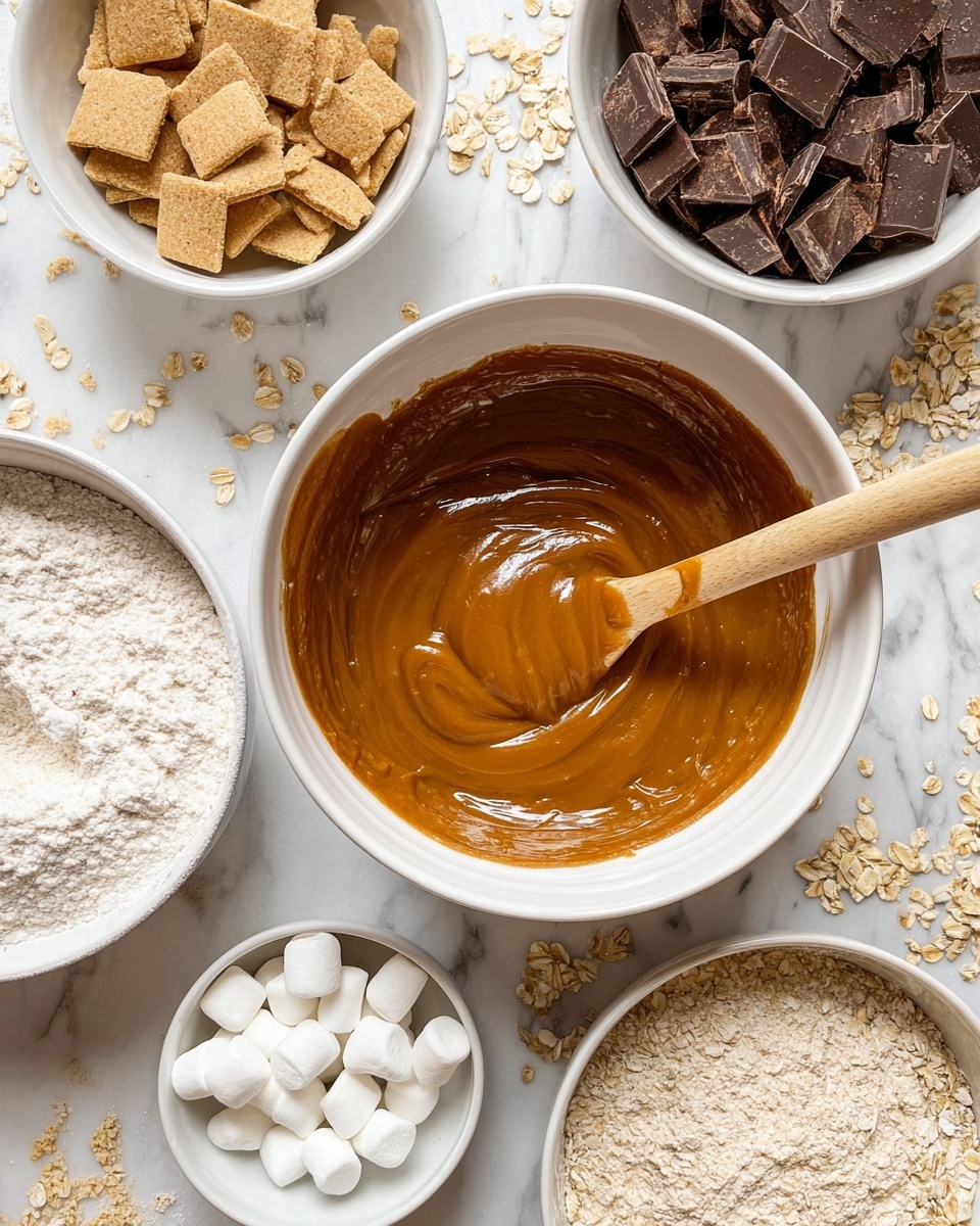 This image shows an overhead view of white bowls on a white marbled surface with different ingredients arranged around. In the center, a large white bowl holds a smooth, shiny, thick caramel brown mixture with a wooden spoon resting inside. To the top right, a white bowl is filled with dark brown chopped chocolate pieces. To the left of it, another white bowl contains light beige broken cracker-like pieces. Below, a smaller white bowl holds small, white mini marshmallows. To the bottom right, a white bowl has a light beige flour mix with visible oats. The ingredient bowls are spaced evenly, with some scattered oats and chocolate pieces on the marble. Photo taken with an iphone --ar 4:5 --v 7