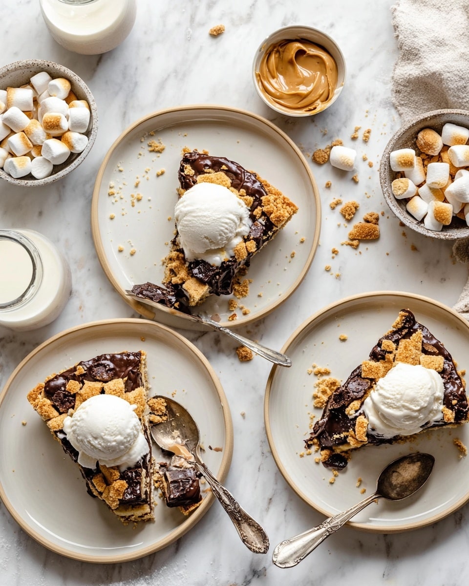 The image shows three slices of dessert on white plates with light beige rims, placed on a white marbled surface. Each slice has a golden-brown base layer, topped with melted dark chocolate and scattered toasted marshmallows and crushed graham crackers. Two slices have a scoop of white vanilla ice cream on top, while one slice remains plain. There are old silver spoons on the plates, one with a bite taken from the dessert. Surrounding the plates are small bowls with mini marshmallows, creamy peanut butter, and a glass of milk. Photo taken with an iphone --ar 4:5 --v 7