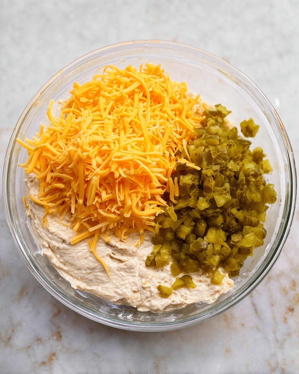 A clear glass bowl holds three main layers of ingredients: the bottom layer is a creamy mixture with a light beige color and slightly fluffy texture, positioned evenly across the bottom; on top of this base, there is a pile of bright orange shredded cheddar cheese on the left side, showing soft, thin strands; adjacent to the cheese on the right side are small chopped green pickles with a firm texture, scattered loosely. The bowl rests on a white marbled surface. photo taken with an iphone --ar 4:5 --v 7