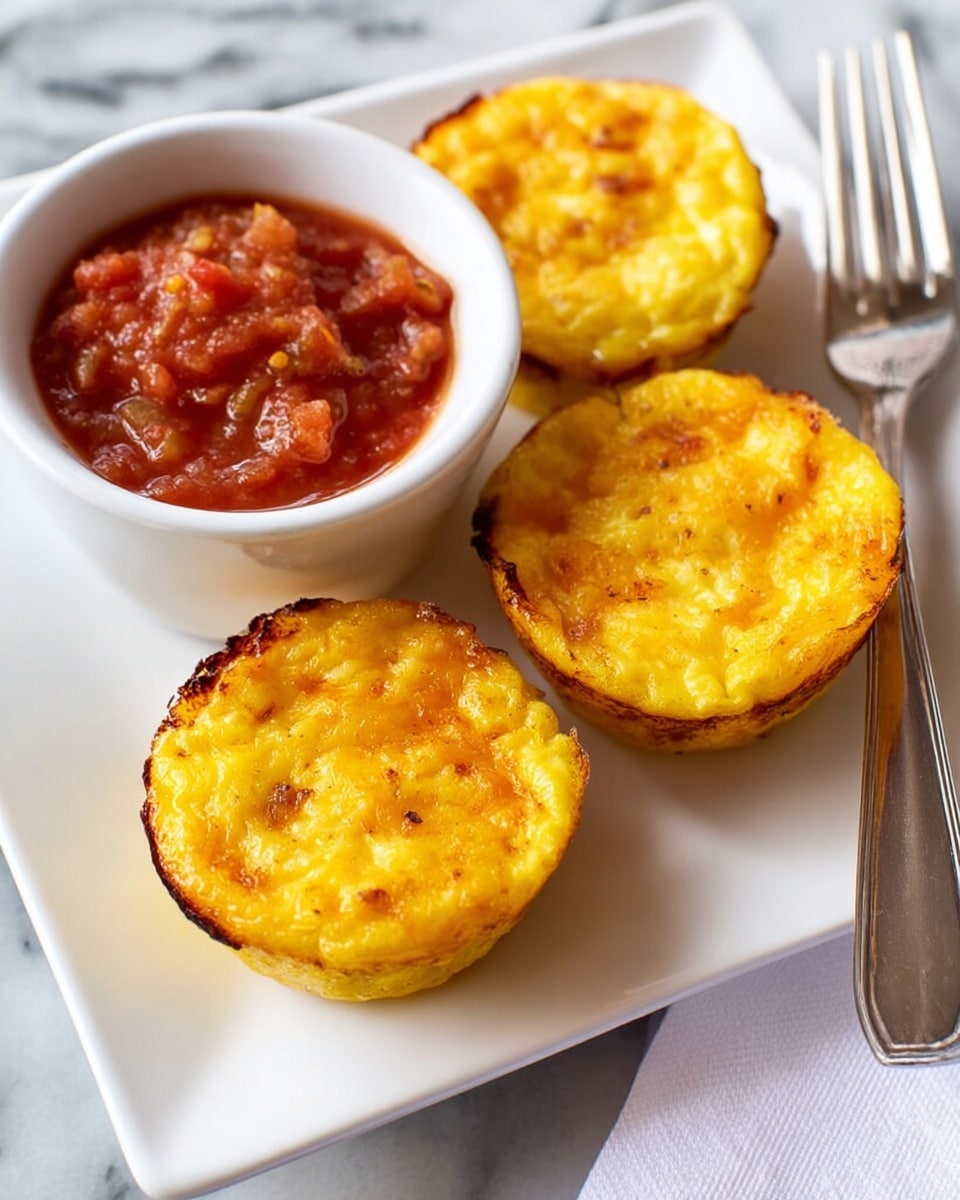 The image shows three small yellow cheesy egg muffins with a slightly browned and crispy edge, placed on a white square plate with a smooth surface. Above the muffins, there is a small white bowl filled with chunky red salsa, showing textures of tomatoes and bits of spices. To the right side of the plate, a silver fork rests on the white marbled background, and a folded white napkin is partially visible. The colors are bright and warm, emphasizing the golden yellow cheese and the rich red salsa. photo taken with an iphone --ar 4:5 --v 7