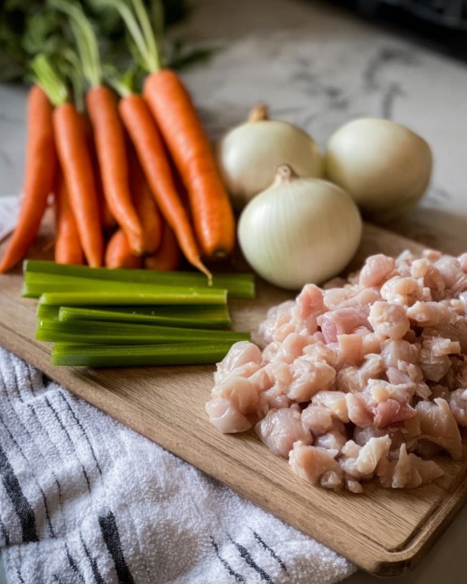 The image shows a white marbled surface with a white towel that has black stripes spread on it. On the towel, there are fresh vegetables on the left side, including whole small orange carrots with green tops, several green celery sticks, and three whole white onions. On the right side of the towel, there is a wooden cutting board filled with small, pale pink pieces of raw chicken, all spread out evenly. The background is softly blurred, keeping the focus on the fresh ingredients and the cutting board. Photo taken with an iphone --ar 4:5 --v 7