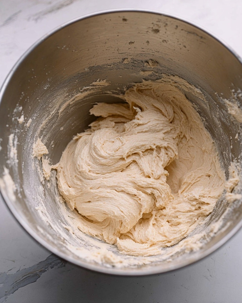 Inside a silver metal mixing bowl, there is a thick, creamy dough with a light beige color. The dough has a smooth, slightly fluffy texture with soft peaks and swirls formed during mixing. The bowl has some dough residue along the sides, showing it was recently stirred. The background shows a white marbled texture. photo taken with an iphone --ar 4:5 --v 7