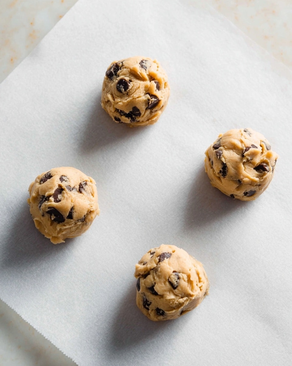 Four small round cookie dough balls with visible dark chocolate chips are placed spaced out on a white parchment paper that lies flat on a white marbled surface. The dough balls have a light tan color with a slightly rough texture showing folds and chocolate chips embedded on the surface. The photo taken with an iphone --ar 4:5 --v 7