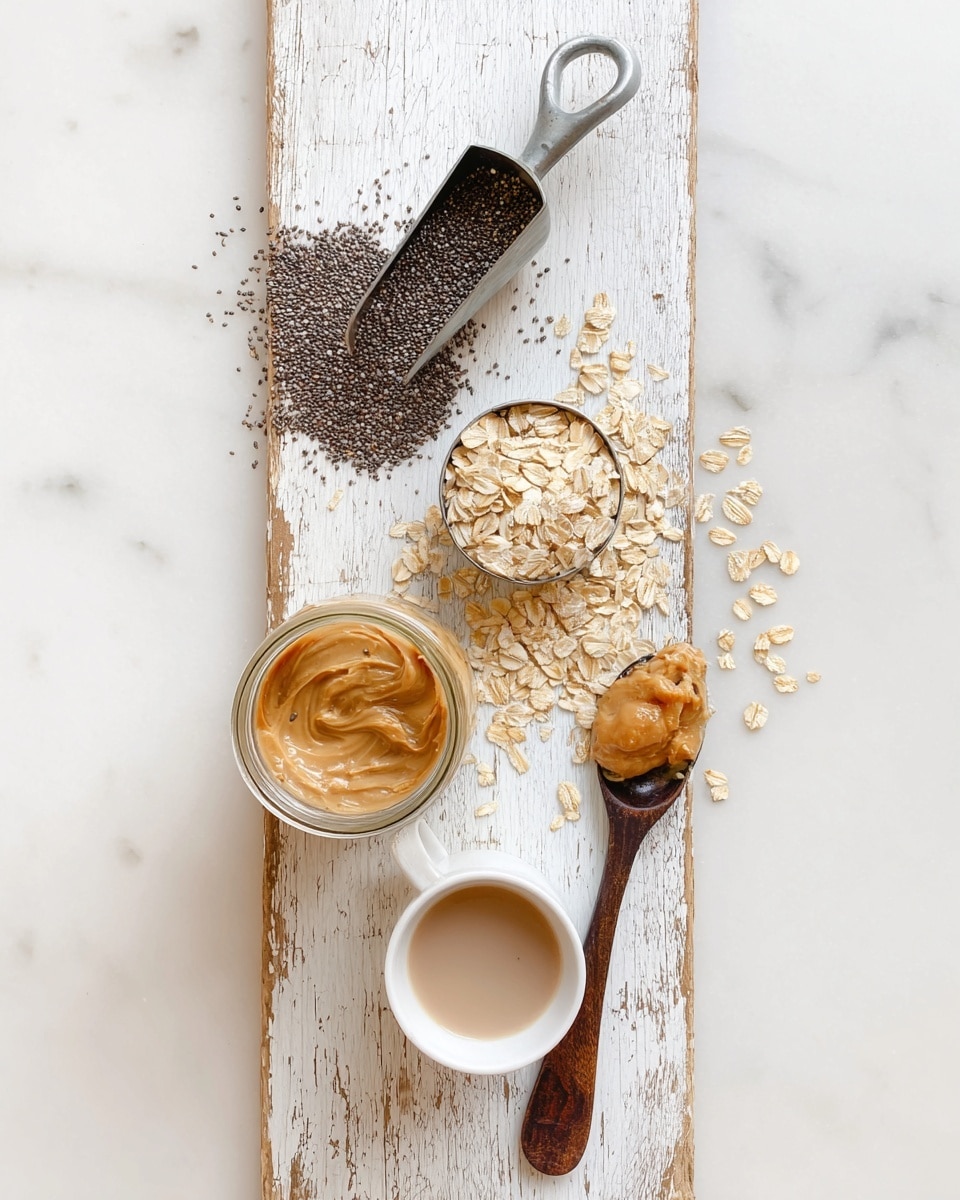 The image shows a top view of several ingredients placed on a long, white rustic wooden board set on a white marbled surface. At the top, a metal scoop filled with tiny, dark brown chia seeds rests diagonally. Below it, a small metal measuring cup is full of light beige rolled oats with some oats scattered around the board. Near the bottom, a glass jar is filled with creamy beige nut butter sitting beside a small white cup holding a light brown liquid. In front of the jar and cup, there is a wooden spoon with a dark handle carrying a dollop of nut butter. Some scattered rolled oats are around the items on the board. Photo taken with an iphone --ar 4:5 --v 7