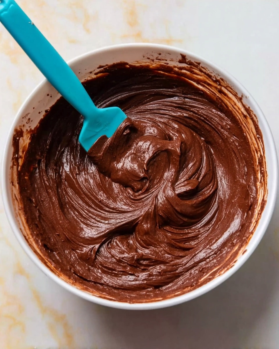 A white bowl filled with thick, rich, dark brown chocolate batter that has a smooth and slightly glossy texture. In the bowl is a blue spatula that is partly immersed in the batter, showing swirling patterns made from stirring. The chocolate batter covers almost the entire inner surface of the bowl, creating thick layers with light and shadow that highlight its creamy consistency. The background shows a white marbled surface, softly reflecting light. photo taken with an iphone --ar 4:5 --v 7