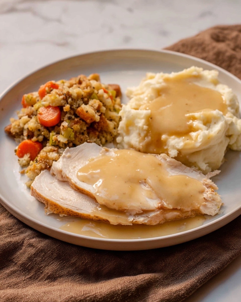 The dish is served on a white plate placed on a white marbled surface with a brown cloth beside it. On the plate, there are three main parts: on the left side is a scoop of stuffing with chopped carrots, celery, and bread crumbs, showing a mix of brown, orange, and green colors with a slightly rough texture. On the right top side is a portion of smooth, creamy mashed potatoes topped with a light golden gravy. At the front right is a thick layer of sliced cooked turkey, pale pinkish white with some browning on the edges, covered with a shiny layer of thick, light brown gravy that also spreads slightly across the plate. The whole image looks warm and inviting, photo taken with an iphone --ar 4:5 --v 7
