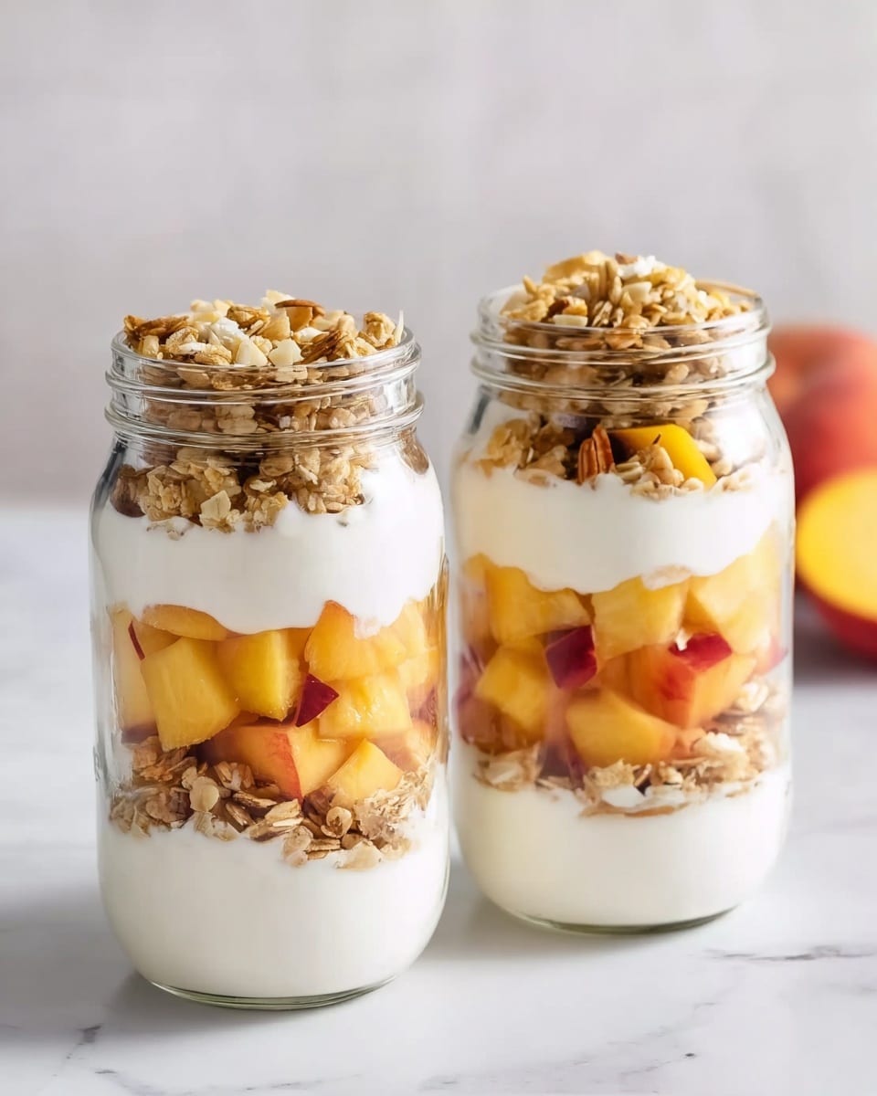 The image shows two clear glasses filled with three layers: the bottom layer is white yogurt, the middle layer is crunchy granola, and the top layer is chopped yellow fruit pieces scattered over granola, with some fruit bits slightly sinking into the yogurt. They sit on a dark wooden surface next to a small white marbled cutting board with more chopped yellow fruit and a silver knife on it. In front of the glasses, there are two shiny silver spoons, and a woman's hand is gently holding the rim of one glass. photo taken with an iphone --ar 4:5 --v 7