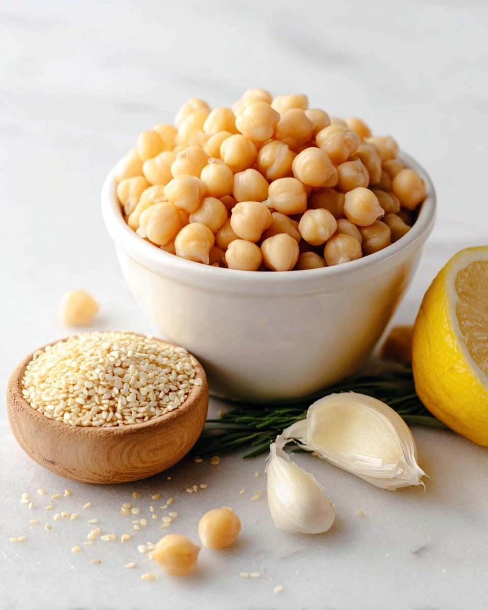 A white ceramic bowl is filled to the top with light beige chickpeas, showing smooth, round textures tightly packed together. In front of the bowl is a small wooden bowl filled with a layer of pale sesame seeds, with some seeds scattered around it on the white marbled surface. Nearby, a single peeled garlic clove rests with its off-white, slightly shiny surface, and a bright yellow lemon wedge with visible juicy pulp sits on the white marbled surface. A few chickpeas are also scattered casually near the garlic and lemon, all set against a soft, bright background. photo taken with an iphone --ar 4:5 --v 7