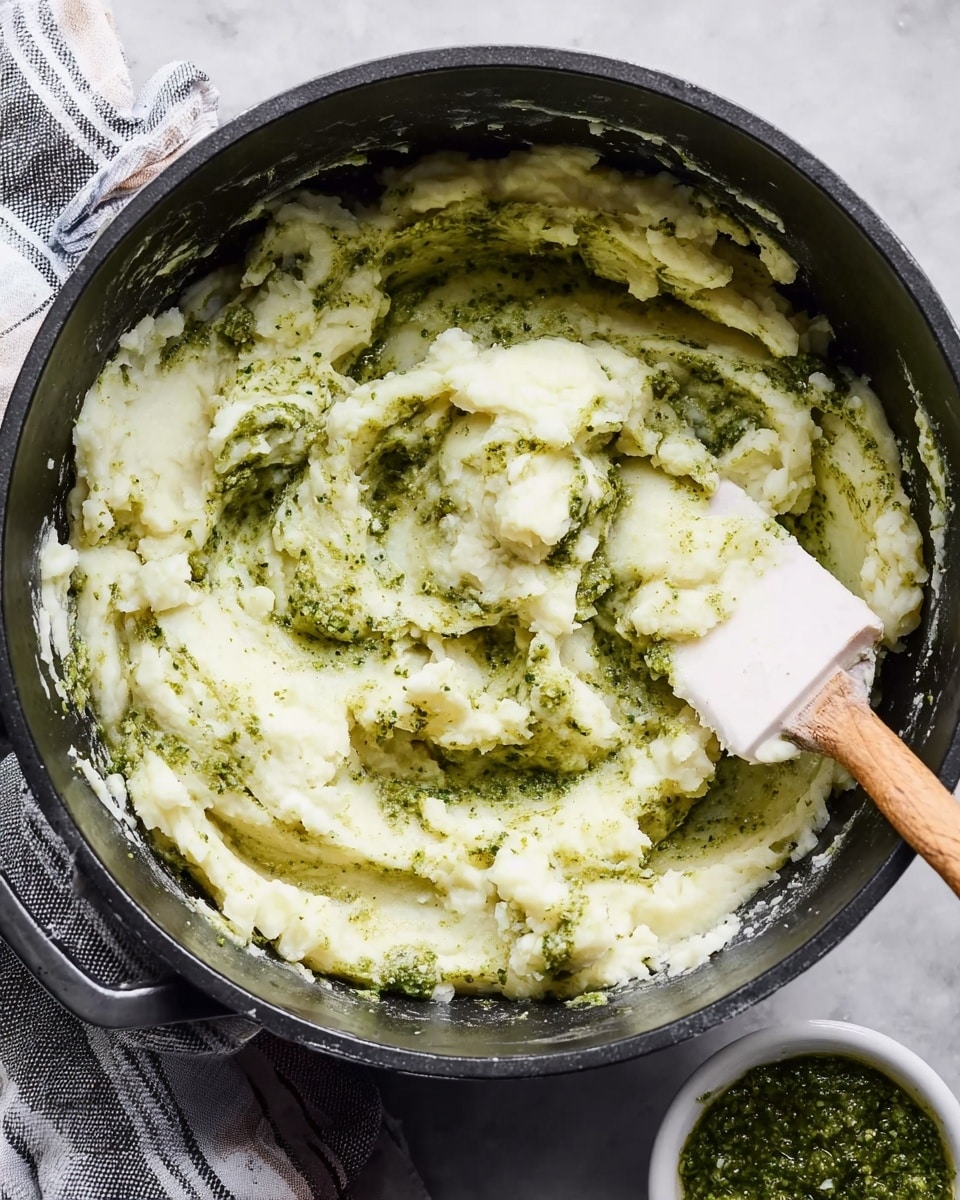 A black cooking pot filled with creamy mashed potatoes that are soft and fluffy in texture. The mashed potatoes are mixed with swirls of green pesto sauce scattered unevenly throughout, creating a marbled look of white and green. A white spatula with a wooden handle rests inside the pot, partially submerged in the mixture. The pot sits on a white marbled surface, with a small white bowl of extra green sauce placed nearby. A striped cloth with shades of grey and white lies beside the pot. Photo taken with an iphone --ar 4:5 --v 7