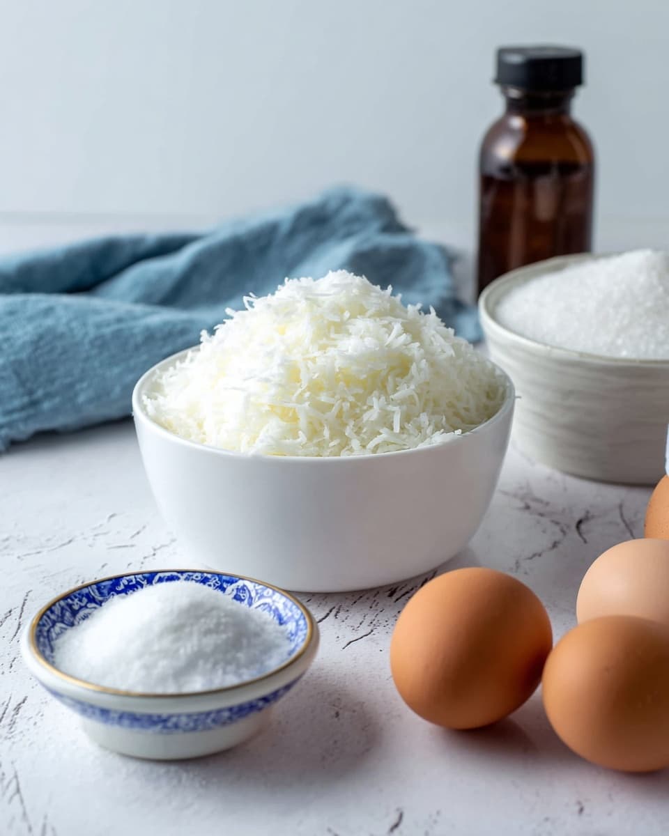 A white bowl filled with a large pile of shredded white coconut is placed on a white table with a white marbled texture. In front of the coconut bowl is a small white dish containing a mound of fine white salt. To the right, there are three brown eggs, with two inside a white bowl decorated with blue patterns and one resting on the table. Behind the eggs, there is a brown bottle with a black cap, partially covered by a blue cloth. Part of another white bowl filled with granular white sugar is visible on the right side. The scene is clean and bright, focused on the ingredients. photo taken with an iphone --ar 4:5 --v 7