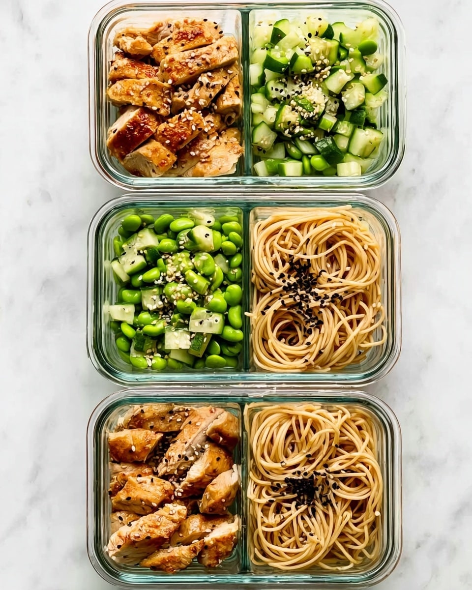 The image shows four clear glass meal prep containers arranged vertically on a white marbled surface. Each container is divided into three layers: on the left side, there are pieces of golden-brown cooked chicken with a slightly crispy texture; the middle layer contains bright green edamame beans mixed with small chopped cucumber pieces, some sprinkled with sesame seeds; the right side is filled with light brown noodles neatly twirled and topped with black sesame seeds for a touch of contrast. The overall look is clean, fresh, and well-organized, emphasizing the colorful, healthy ingredients photo taken with an iphone --ar 4:5 --v 7