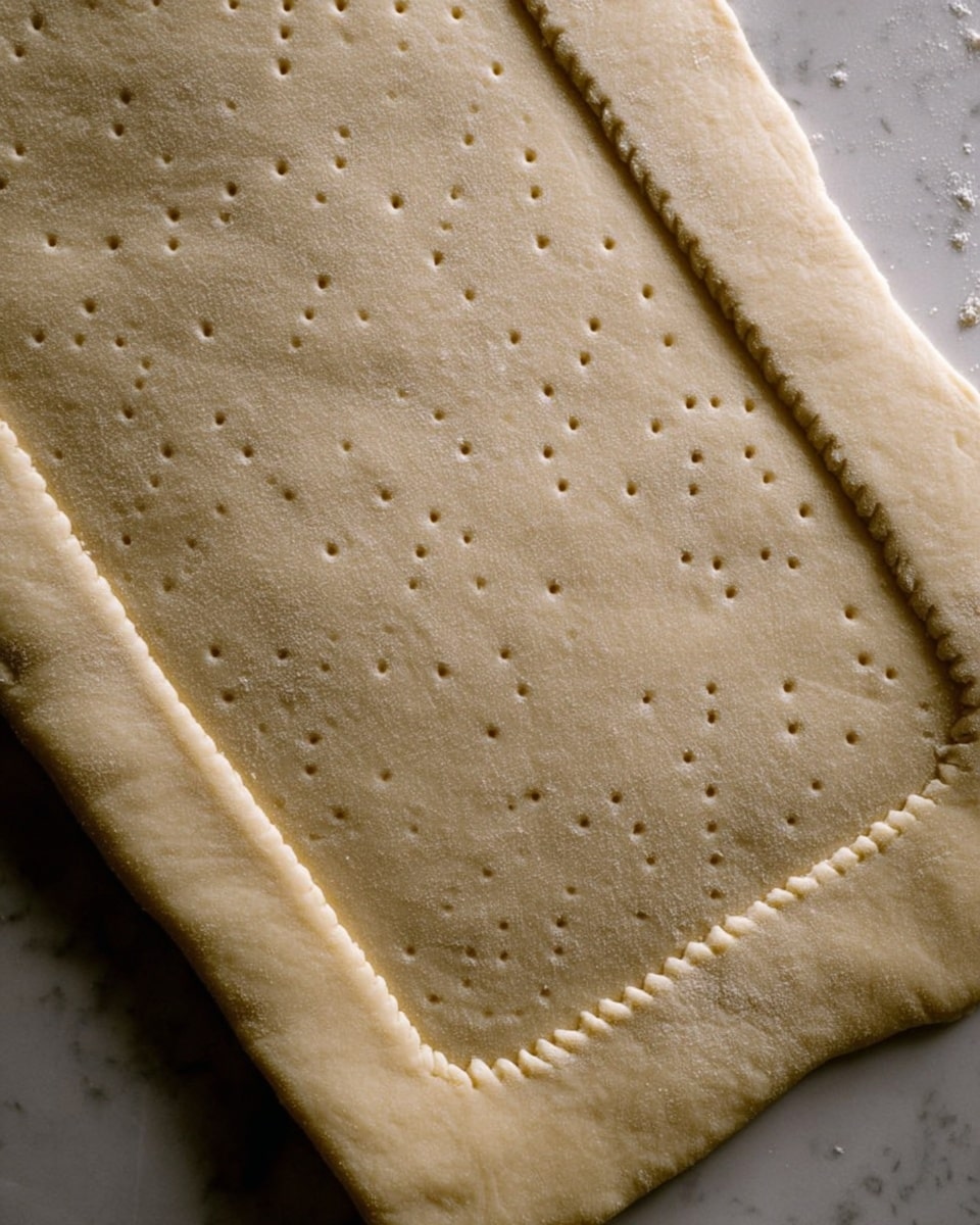 A close-up view of a rectangular sheet of dough on a baking tray, with a slightly rough texture and pale beige color. The dough has a visible thinner inner rectangle bordered with a scalloped edge pattern, and small groups of three evenly spaced pinholes scattered across the center area. The corners of the dough are rounded gently, and the background is a white marbled texture. Photo taken with an iphone --ar 4:5 --v 7