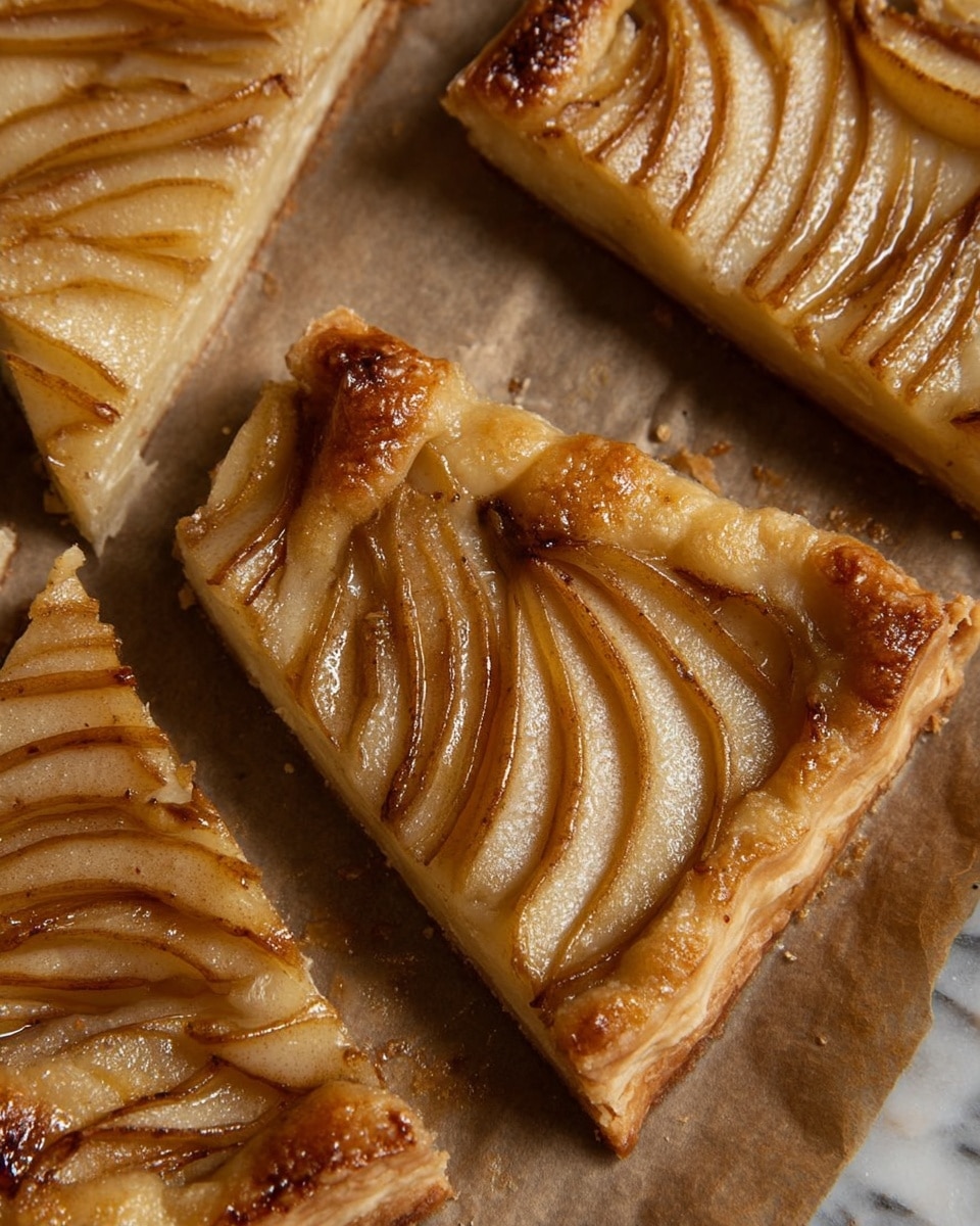 The image shows a tart sliced into six rectangular pieces laid on brown parchment paper over a white marbled surface with a checkered cloth corner. Each piece has a base layer of golden brown flaky crust with visible layers and crumbly edges. On top, there is a thin amber-colored layer of fruit filling, and finishing with thin, curved slices of baked apple arranged neatly in overlapping rows, creating a pattern resembling scales. The apples are slightly browned at the edges with a shiny glaze that highlights their texture. The tart slices vary slightly in size, and some parts of the crust show slight flaking. Photo taken with an iphone --ar 4:5 --v 7