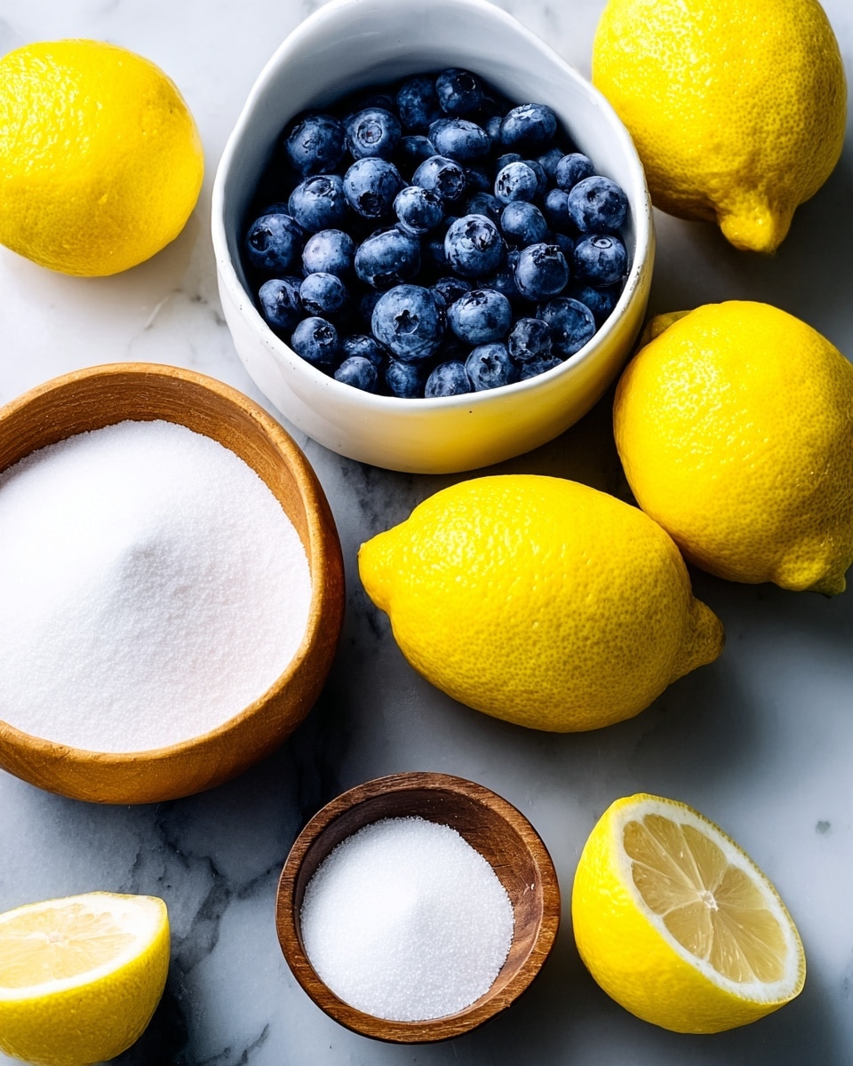 The image shows a close-up of bright yellow lemons with textured skins scattered around white bowls on a white marbled surface. One white bowl is filled with plump, dark blue blueberries that have a soft, matte finish. Another white bowl contains a fine white powder with a slightly uneven surface, and a small wooden bowl holds granulated white sugar with a smooth, shiny texture. The lemons are whole except for one partially visible lemon that is cut to show its pale yellow, juicy interior. Photo taken with an iphone --ar 4:5 --v 7