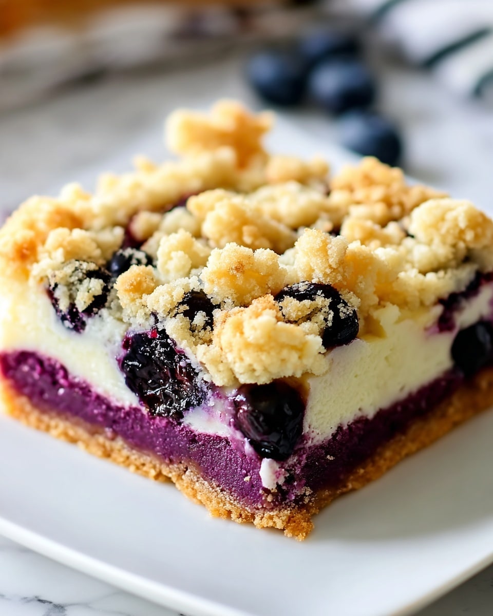 A close-up of a slice of blueberry crumb bar shows three clear layers on a white plate. The bottom layer is a thick, dense purple crust. Above it is a creamy, white cheesecake-like layer with whole blueberries embedded in it. The top layer is a golden-brown crumbly topping with uneven, chunky crumbs scattered over the surface. The edge of the crust forms a slightly raised border around the slice. The scene is set on a white marbled surface with a blurry background. Photo taken with an iphone --ar 4:5 --v 7