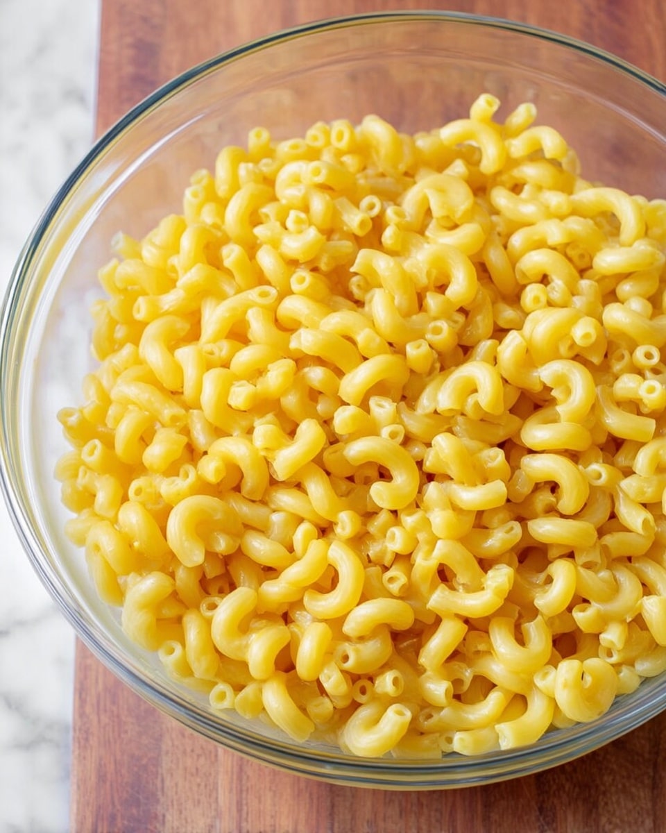 A clear glass bowl sits on a white marbled surface, filled with a single layer of plain, yellow macaroni pasta. The macaroni pieces are curved tubes, densely packed and evenly spread inside the bowl. The texture of the pasta looks smooth and slightly shiny. The background is a wooden surface, but the focus is mainly on the clear bowl and the bright yellow macaroni inside it. photo taken with an iphone --ar 4:5 --v 7
