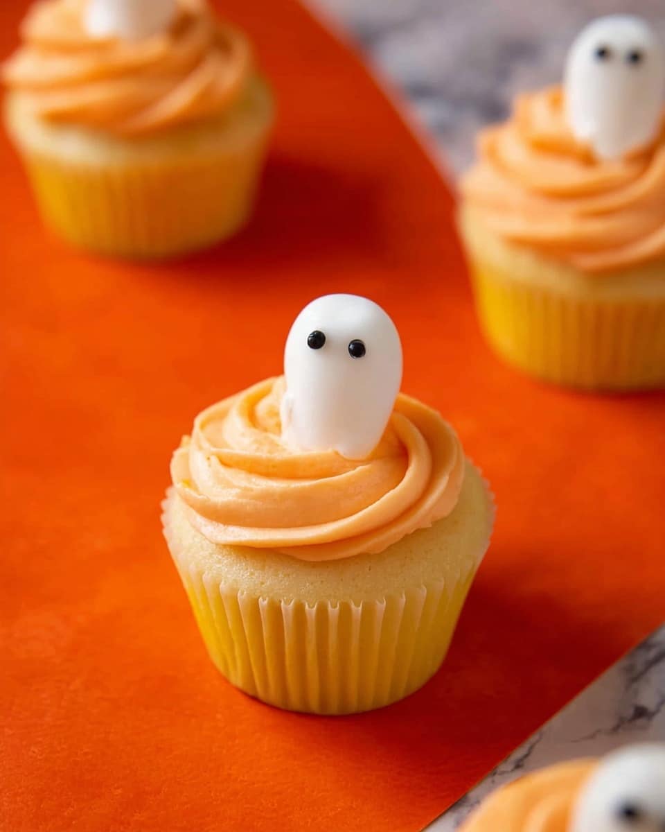 The image shows a close-up of four cupcakes on an orange surface with a white marbled texture underneath. Each cupcake has a yellow liner and a smooth cream-colored layer of orange frosting swirled on top. On top of the frosting, there is a small white ghost decoration with two small black eyes, slightly raised and centered. The cupcakes are spaced so that three are near the edges of the image and one is slightly out of focus in the background. Photo taken with an iphone --ar 4:5 --v 7