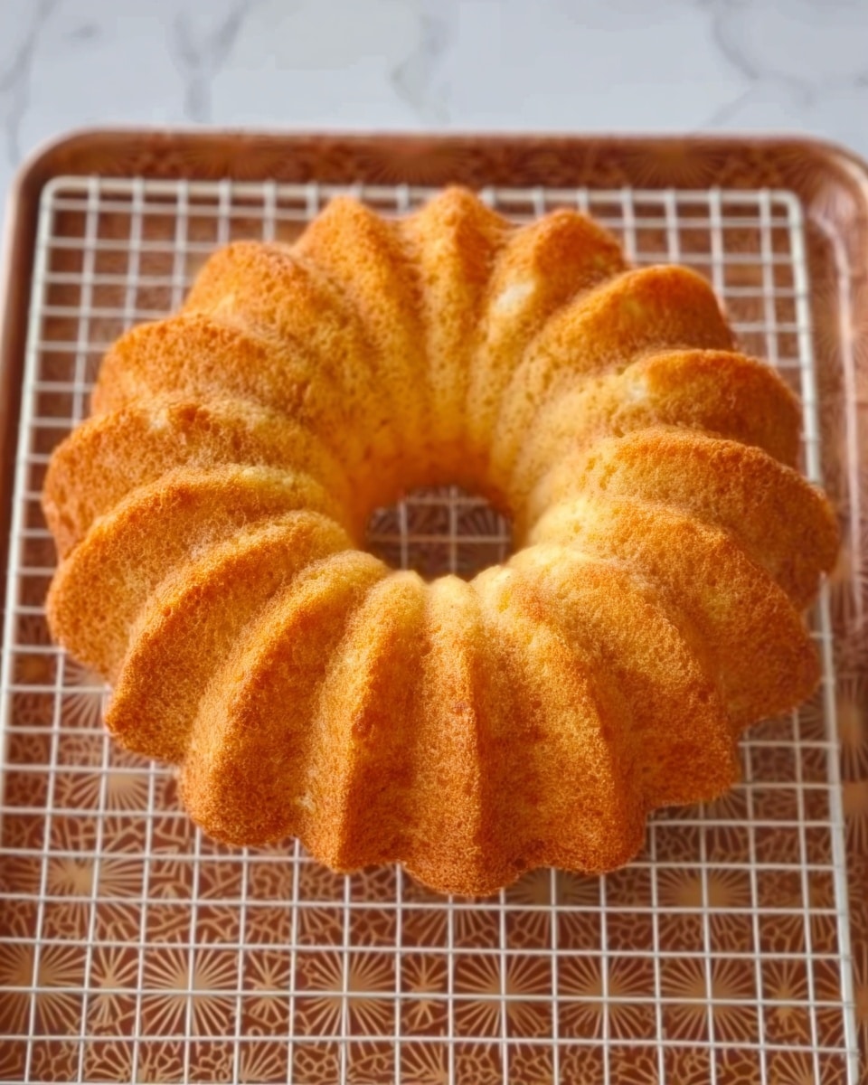 A golden brown bundt cake with a smooth and slightly crispy outer layer sits on a white wire rack over a tray with a brown patterned base. The cake has symmetrical ridges all around, forming a ring shape with a hole in the center. The texture looks soft and moist inside, and the crust has a light, even golden color with a subtle shine. The scene is set on a white marbled surface. photo taken with an iphone --ar 4:5 --v 7