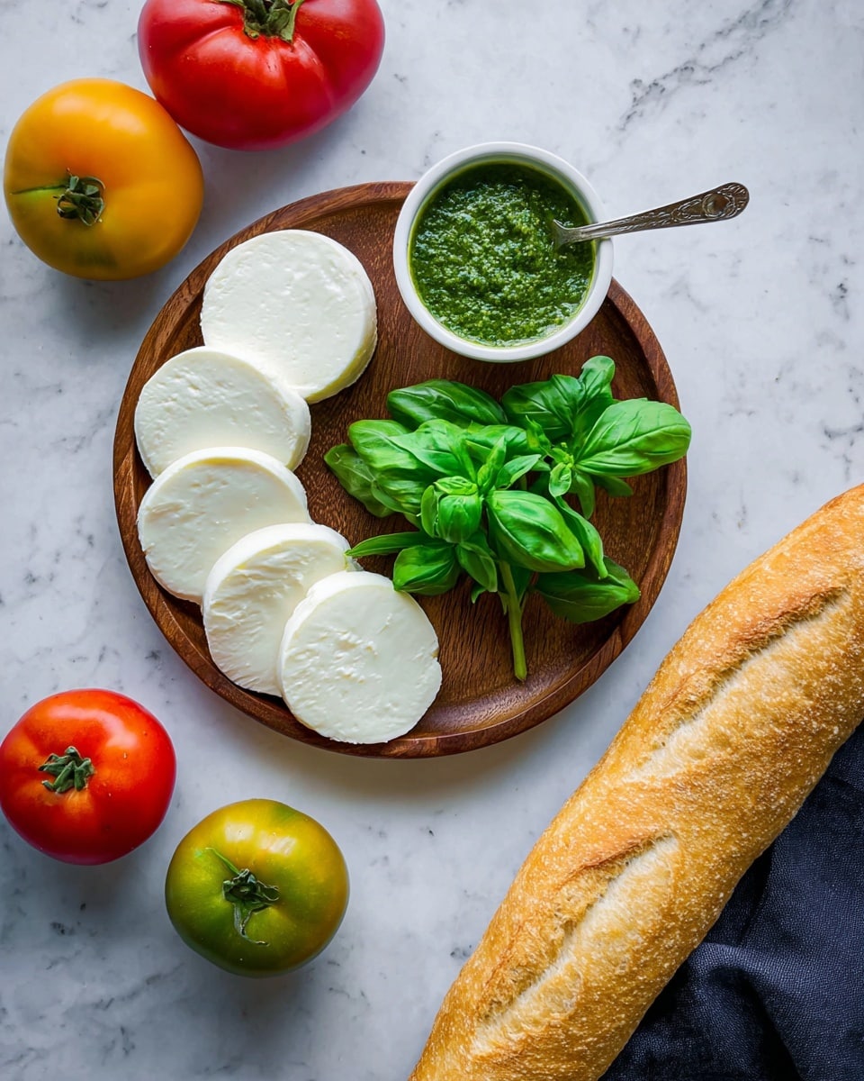 A round wooden plate sits on a white marbled surface, holding seven white, smooth, round slices of soft cheese arranged in a scattered stack on the left and a small bunch of fresh green basil leaves placed on the right side of the cheese. Above the plate, a white bowl contains two dollops of creamy white sauce and vibrant green pesto, with a spoon resting inside. Surrounding the plate and bowl are five colorful tomatoes in red, yellow, and green hues, scattered on the white marbled surface. Below the plate, a long golden-brown baguette with textured crust lies diagonally, completing the fresh and vibrant composition. Photo taken with an iphone --ar 4:5 --v 7