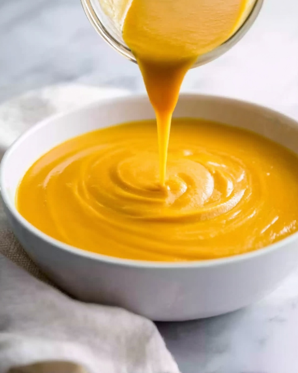 A white bowl filled with smooth, creamy orange soup with a thick texture, showing gentle swirls on the surface. A clear glass container is pouring more of the orange soup into the center of the bowl. The bowl sits on a white marbled surface, and a white cloth is partly visible near the bowl. The lighting highlights the vibrant color and creamy texture of the soup. photo taken with an iphone --ar 4:5 --v 7