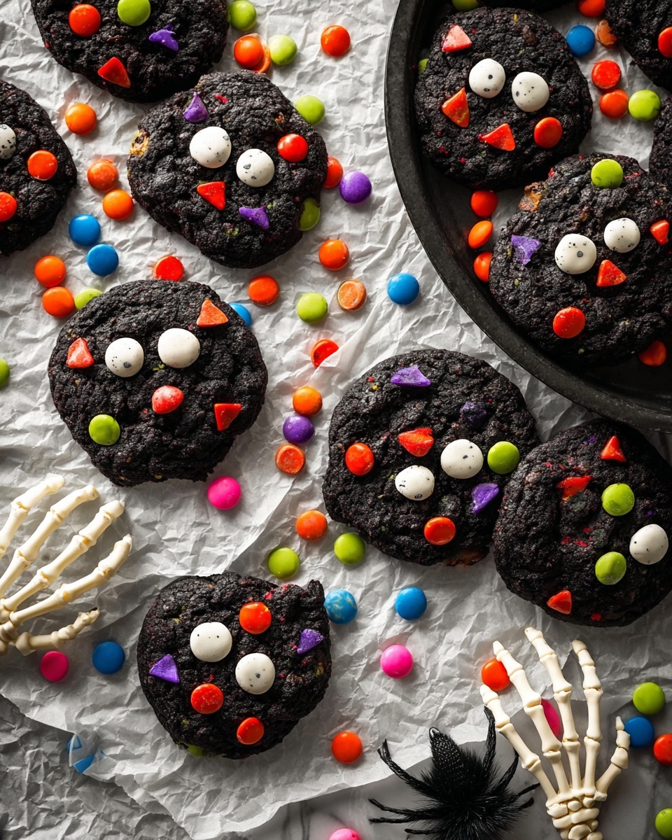 The image shows a group of dark black cookies with a rough, thick texture, arranged on crumpled white parchment paper and a dark round tray. Each cookie has colorful candy pieces in red, green, orange, purple, and white scattered on top, with some candies shaped like small triangles and others round. Two cookies have white candy eyes and purple round candies placed like noses, giving them a fun face-like look. Around the cookies, extra colorful candies are scattered, along with blue and pink confetti. A white skeleton hand reaches from the right side toward the cookies, while a fuzzy black spider sits on the tray near the bottom left. The background is a white marbled surface. Photo taken with an iphone --ar 4:5 --v 7