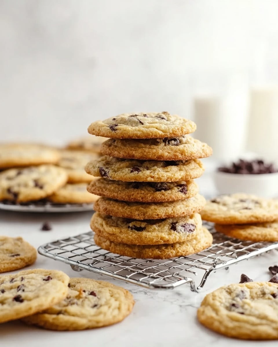 A stack of eight golden-brown chocolate chip cookies sits in the center on a silver wire rack, with several more flat cookies spread around it on matching racks. The cookies have a slightly rough texture with visible dark chocolate chips scattered throughout. In the background, there is a blurred white marbled surface with a round wire cooling rack holding more cookies, a small white bowl full of chocolate chips, and two clear glasses with milk. The overall setting is bright and clean. Photo taken with an iphone --ar 4:5 --v 7