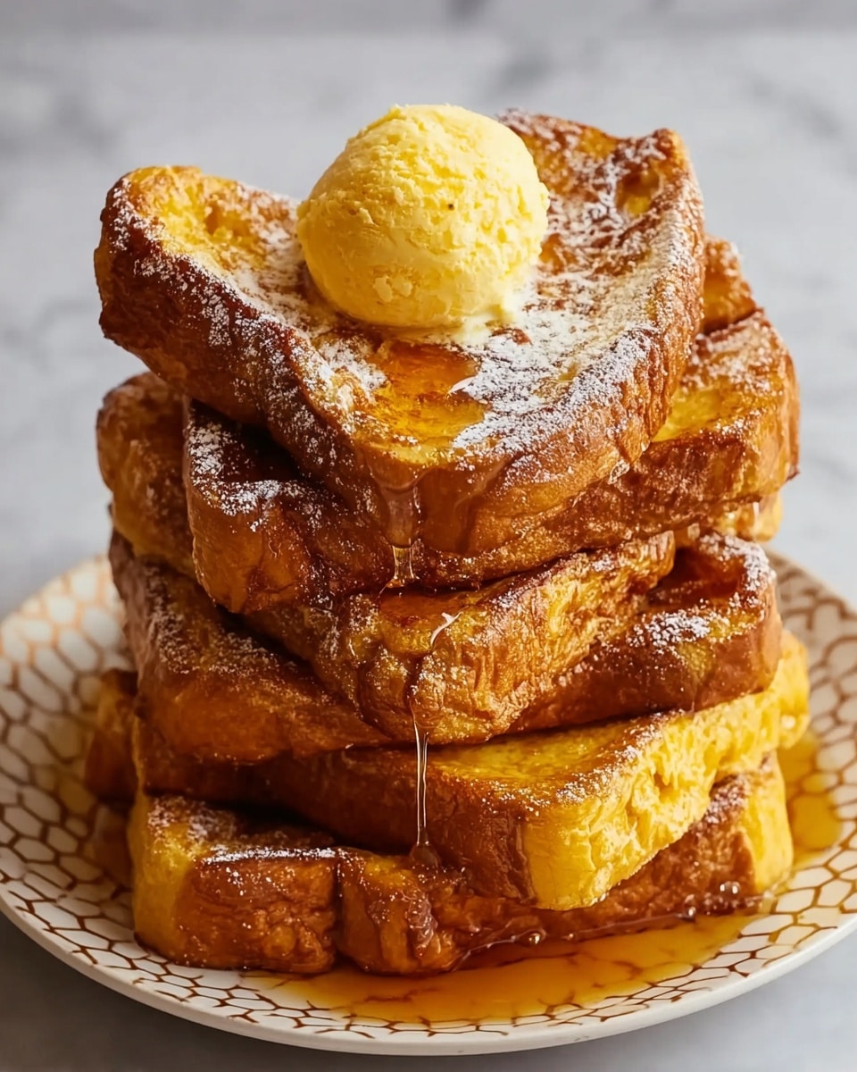 The image shows three thick slices of golden brown French toast stacked slightly overlapping on a white plate. Each slice has a crispy texture with slightly darker edges and is drizzled with light amber syrup that pools around the base. On top of the front slice, there is a neat swirl of light beige butter or cream, adding a soft, smooth texture contrast to the crispy toast. A light dusting of white powdered sugar is sprinkled over the toast and plate. The plate is set on a white marbled surface. photo taken with an iphone --ar 4:5 --v 7