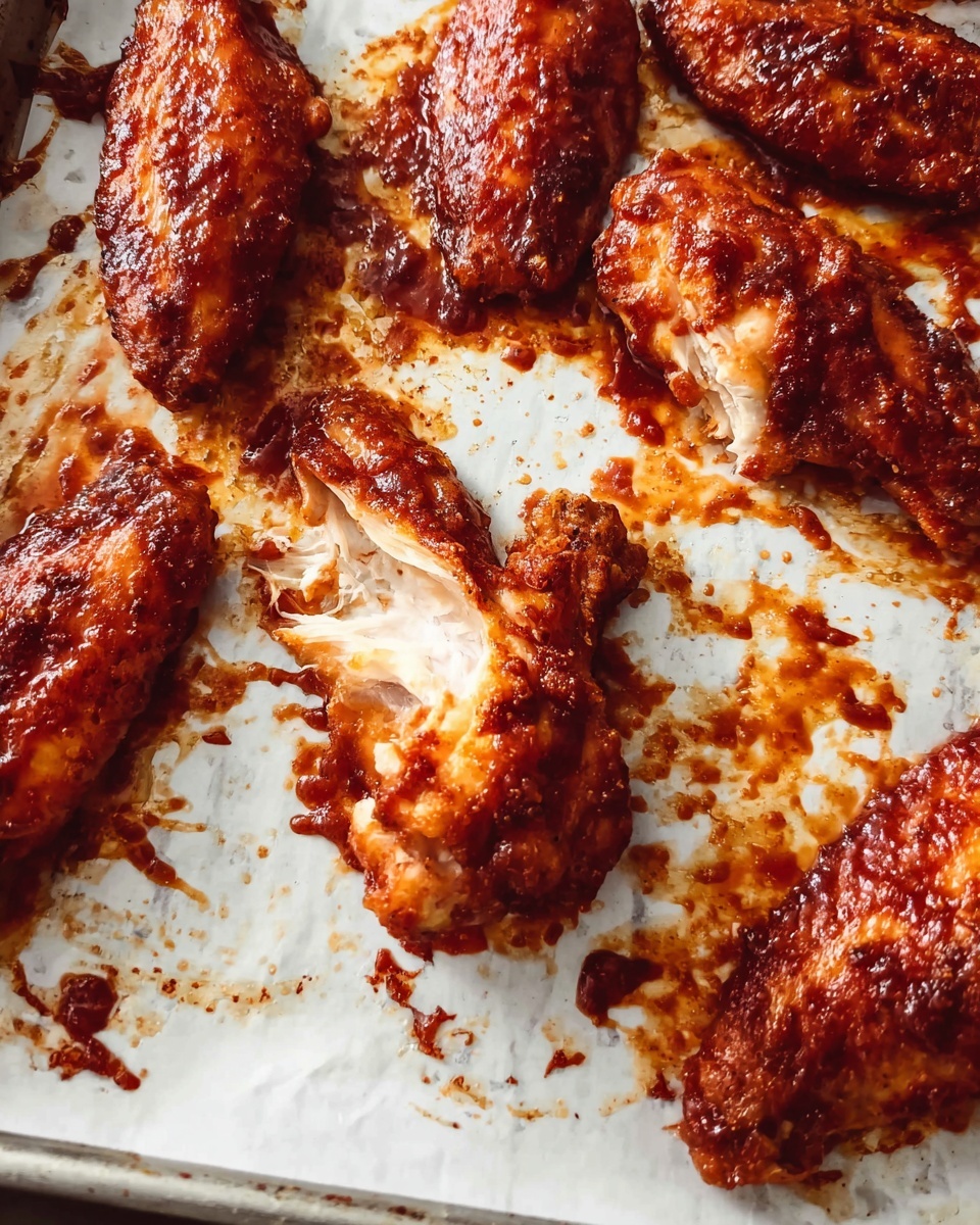 The image shows six crispy fried chicken wings on a white baking tray with a shiny reddish-brown sauce. The wings are arranged loosely with one wing torn open, revealing white meat inside. The surface of the tray has sauce stains and grease marks, giving a freshly cooked and messy look. The background is a white marbled texture. Photo taken with an iphone --ar 4:5 --v 7