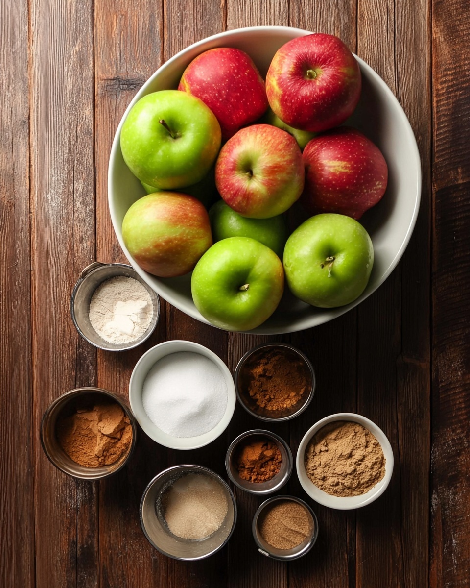 A large white bowl filled with bright red and green apples is placed in the center on a wooden surface; below the bowl, there are smaller white bowls and metal containers arranged in a loose circle holding white sugar, brown sugar, salt, and various spices with different colors including cinnamon and another brown spice, adding a mix of smooth and grainy textures. The wood's dark tones contrast with all the bowls and apples, creating a warm and natural setting. photo taken with an iphone --ar 4:5 --v 7
