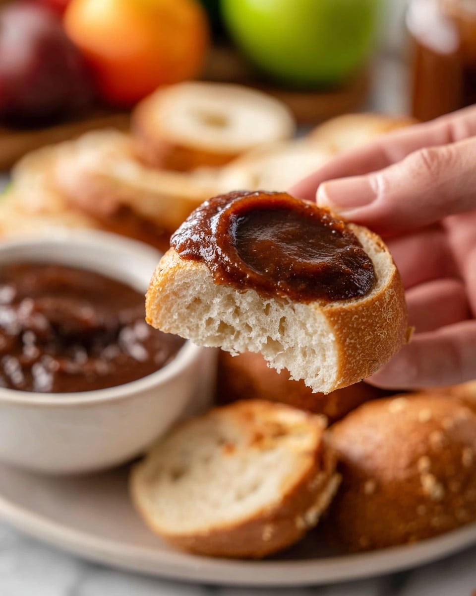 A close-up shows a woman's hand holding a small, round slice of crispy bread topped with a thick layer of smooth, dark brown sauce. The bread has a golden crust with a light, airy interior. In the blurred background, more similar slices of bread are arranged on a white plate, alongside a white bowl filled with the same dark brown sauce. The setting is on a white marbled surface with some distant green and brown tones hinting at fresh fruits or ingredients. photo taken with an iphone --ar 4:5 --v 7