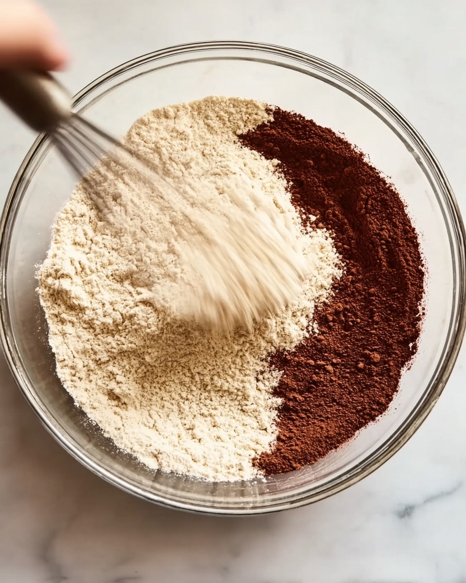 A clear glass bowl sits on a white marbled surface, filled with a mix of light beige flour covering most of the bowl and a ring of dark brown cocoa powder around one side. A woman's hand is holding a whisk that is partly blurred, moving to mix the ingredients inside the bowl. The flour texture is powdery and soft, while the cocoa powder looks fine and dry, both contrasting in color and texture. photo taken with an iphone --ar 4:5 --v 7