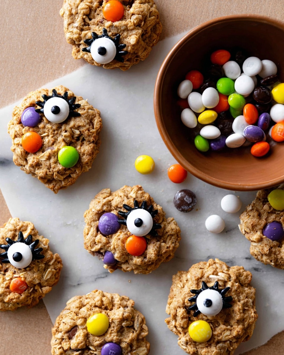 Several thick oatmeal cookies with a rough, chunky texture are scattered across a white marbled surface. Each cookie is decorated with colorful candy-coated chocolates in bright orange, yellow, purple, and green, along with round white candies featuring a black eye design with long lashes, positioned on top of the cookies as a playful layer. On the right side, a brown bowl filled with more of the white eye candies is partially visible, with some of the candies spilling out onto the surface. The overall presentation shows the cookies as small mounds with embedded colorful candies and eye-shaped candies on top, giving a fun and whimsical look. Photo taken with an iphone --ar 4:5 --v 7