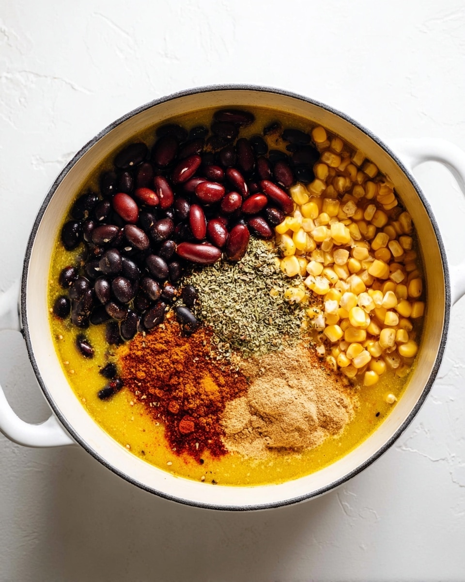 A white pot filled with a yellowish liquid base, topped with separate piles of black beans, dark red kidney beans, yellow corn kernels, and three kinds of reddish-brown and light brown spices placed in distinct sections. The black beans have a sprinkle of greenish herbs on top. All ingredients sit clearly apart in the pot on a white marbled surface. photo taken with an iphone --ar 4:5 --v 7