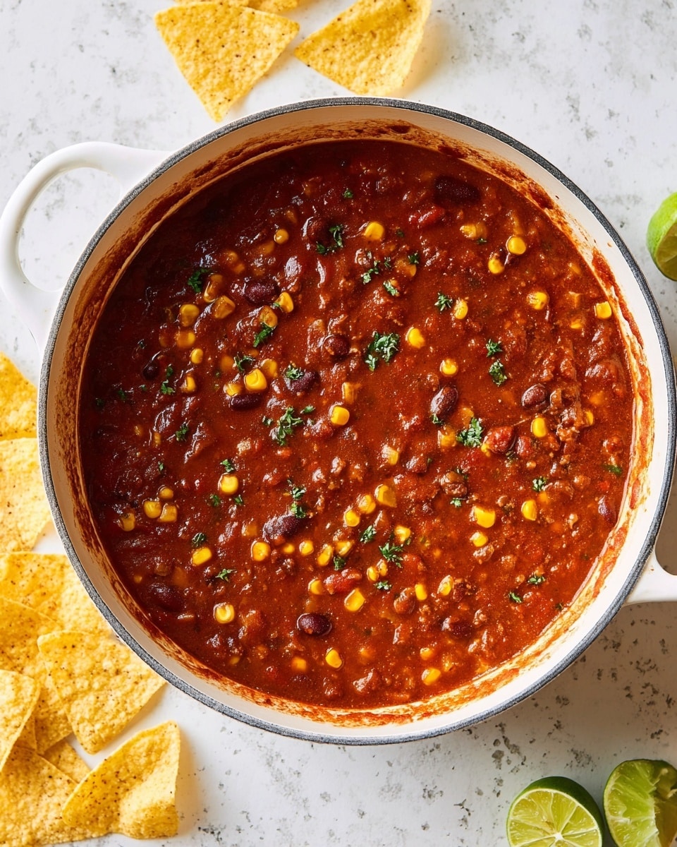 A large white pot filled with a thick, red chili that has visible pieces of yellow corn and dark beans mixed throughout. The chili is sprinkled with small green herb leaves on top, giving a fresh look. The pot sits on a white marbled surface scattered with yellow tortilla chips and two lime wedges nearby. The pot’s rim has some chili stains, adding to the fresh-cooked feel. photo taken with an iphone --ar 4:5 --v 7
