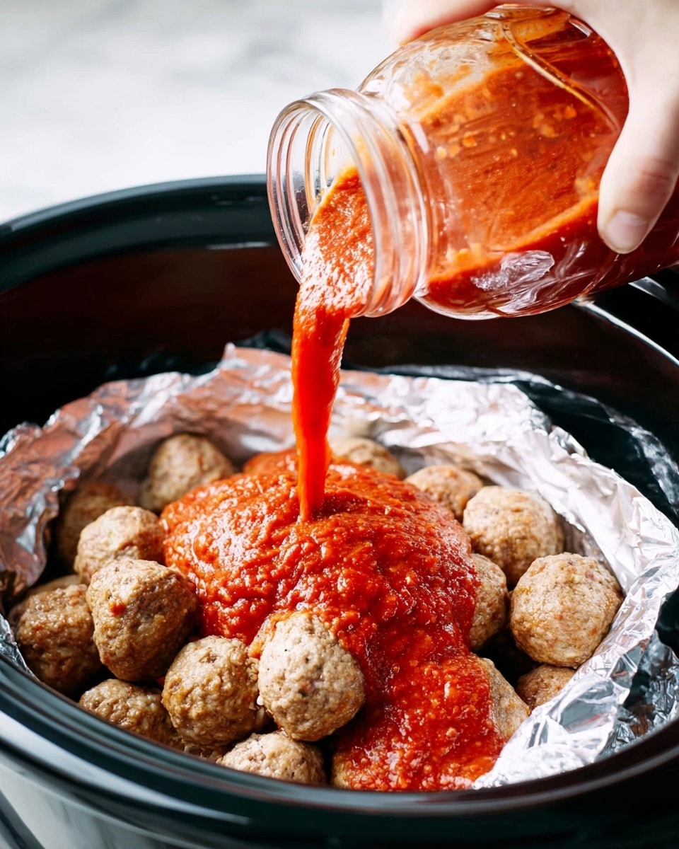 Inside a lined slow cooker, there are round light brown meatballs forming a base layer. Above the meatballs, a thick red tomato sauce with a slightly chunky texture is being poured from a clear glass jar held by a woman's hand. The sauce flows smoothly over the meatballs, creating a bright contrast with the light brown color underneath. The scene is set against a white marbled surface with soft lighting highlighting the textures. photo taken with an iphone --ar 4:5 --v 7