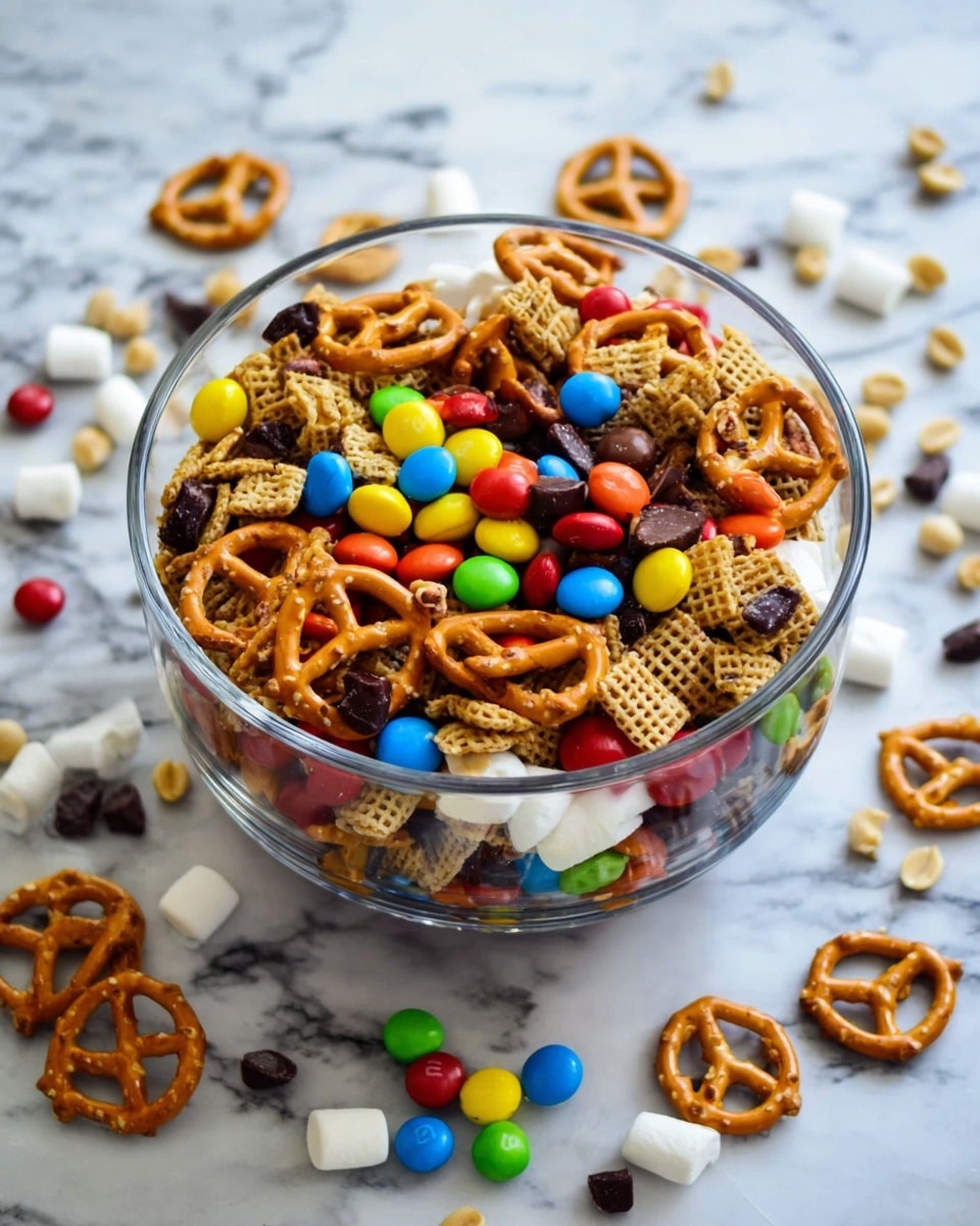 A clear glass bowl sits on a white marbled surface, filled with a colorful snack mix. The base layer includes light brown waffle cereal squares, covered with scattered peanuts and small dark raisins. On top of that, there's a mix of bright candy-coated chocolates in red, yellow, green, blue, orange, and brown colors, mixed with more peanuts and little white chocolate chunks. The top layer is decorated with many golden-brown pretzels. Outside the bowl, on the white marbled surface, some pretzels, candy-coated chocolates, peanuts, white chocolate chunks, and a few marshmallows are spread around. Photo taken with an iphone --ar 4:5 --v 7