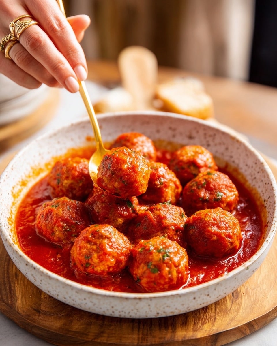 A round white speckled bowl sits on a wooden board, filled with about fourteen orange-red meatballs fully coated in smooth, shiny red tomato sauce. The meatballs have a textured surface showing bits of herbs, and the sauce pools thickly at the bottom of the bowl. A woman's hand with a golden ring holds the bowl steady, while another woman's hand stirs one meatball with a gold spoon, creating slight ripples in the sauce. The background is softly blurred, with warm natural light highlighting the rich colors of the dish. Photo taken with an iphone --ar 4:5 --v 7