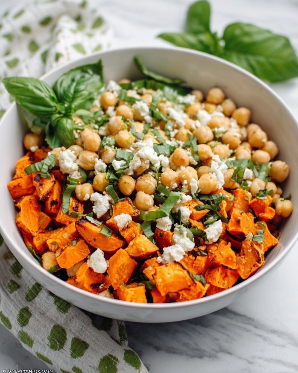 The dish shows a white bowl filled with several colorful layers arranged side by side. On the left, there are bright orange roasted chunks with a soft texture. Next to them, creamy chickpeas sit in a round group. Alongside, there is yellow, fluffy cooked bulgur with a grainy texture. On the right side, half of a smooth green avocado is placed with sprinkled black seeds on top. Scattered over all the layers are small white soft cheese chunks and green pumpkin seeds, with fresh green herbs spread around for decoration. The bowl rests on a white marbled surface. Photo taken with an iphone --ar 4:5 --v 7